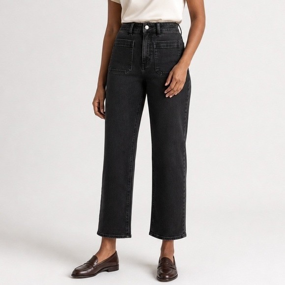 Quince Denim - Quince Bella Stretch Patch Pocket Wide Leg Jeans Denim Cropped Black 28 Long NWT